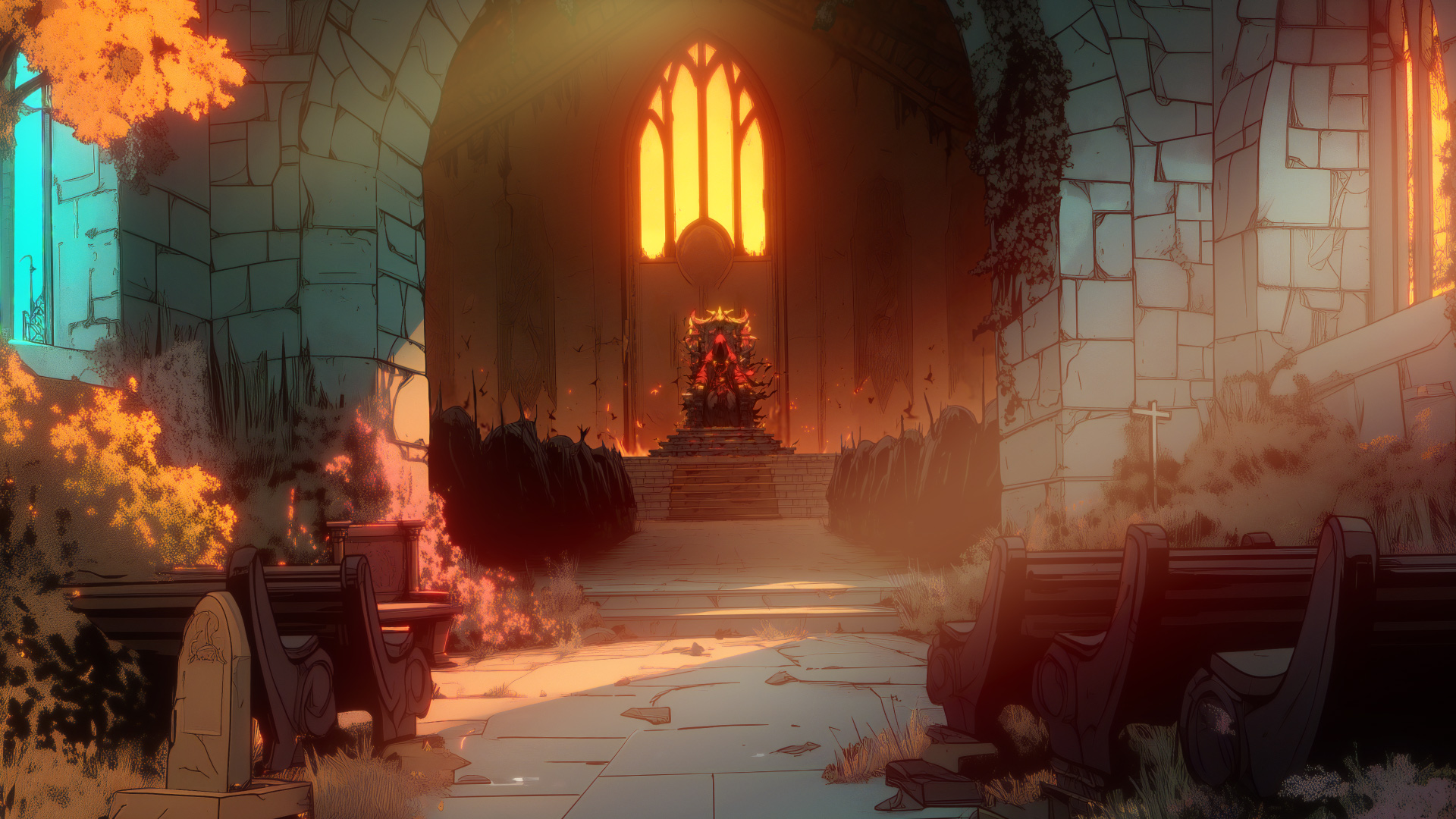 Black Chapel – APRÈS, plan du trône église, ambiance gothique rouge et jaune